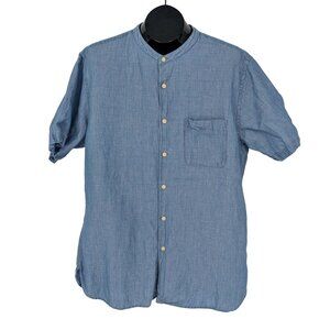 Uniqlo Chambray Button Up Shirt Size XL Linen Blend Band Collar Minimalist Urban